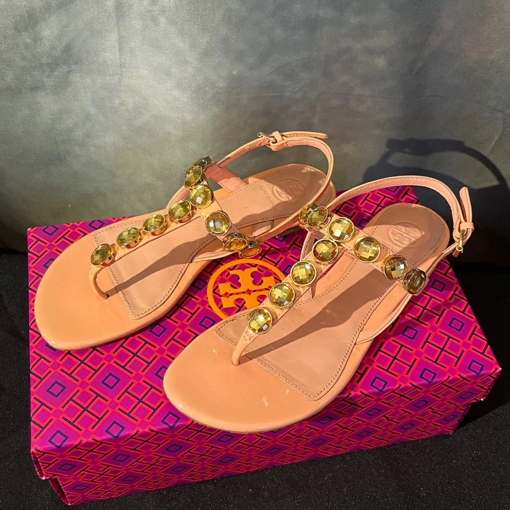 Tory Burch Mariah Flat Thong‎ Sandals Sorbet Pink Patent Crystal Womens 7
